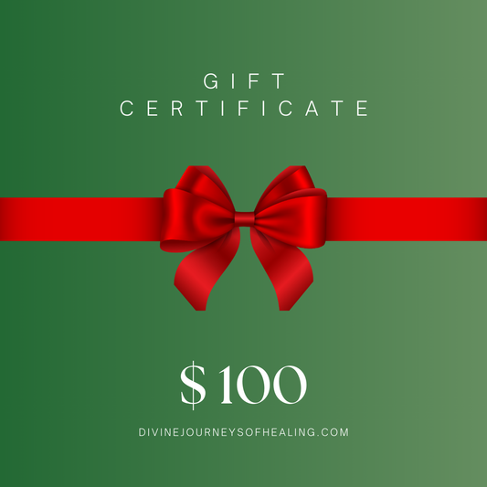 A green background with a red ribbon and bow on the center. Top reads as 'Gift Certificate' Under the red bow reads as 100 dollars with Divine Journeys of Healing.com