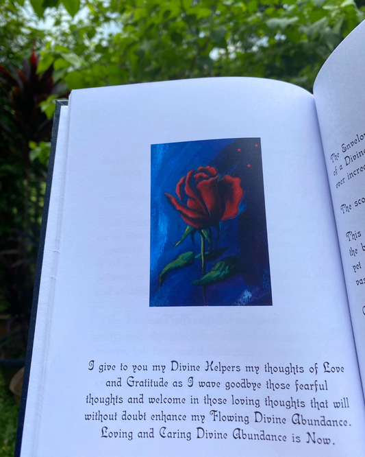 A page from the book Ask Yourself What To Do by Lana Knight shows a red rose painting in blue background. After the painting wording continues as 'I give to you my Divine Helpers my thoughts of Love and Gratitude as I wave goodbye to those fearful thoughts' and continues. Background is green leaves.