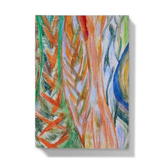 Hardcover journal back cover with the full coverage of Divine Journeys of Healing painting showing shades of orange and green as tree trunks, there's a golden path with blue outlines towards the spine of the journal that is leading upwards. Green vines are seen on the top right