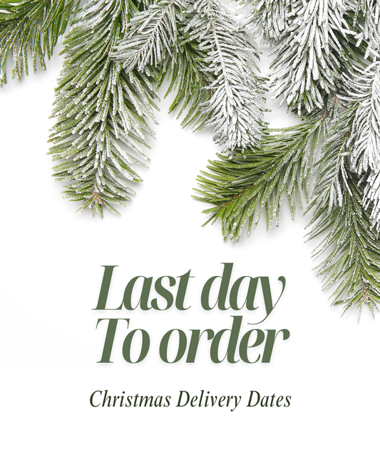 Snowy pine branches on top against a white background. Last day to order written in dark green in big fonts, followed by 'Christmas Delivery Dates'.