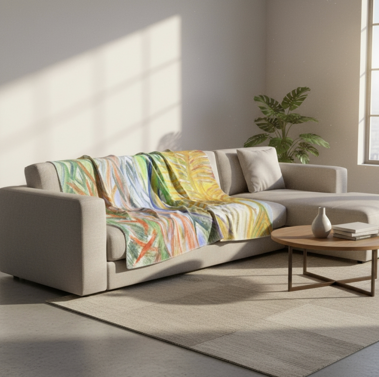 Beige sectional sofa with a colorful abstract patterned Divine Journeys of Healing rainforest minky throw blanket in a bright living room.