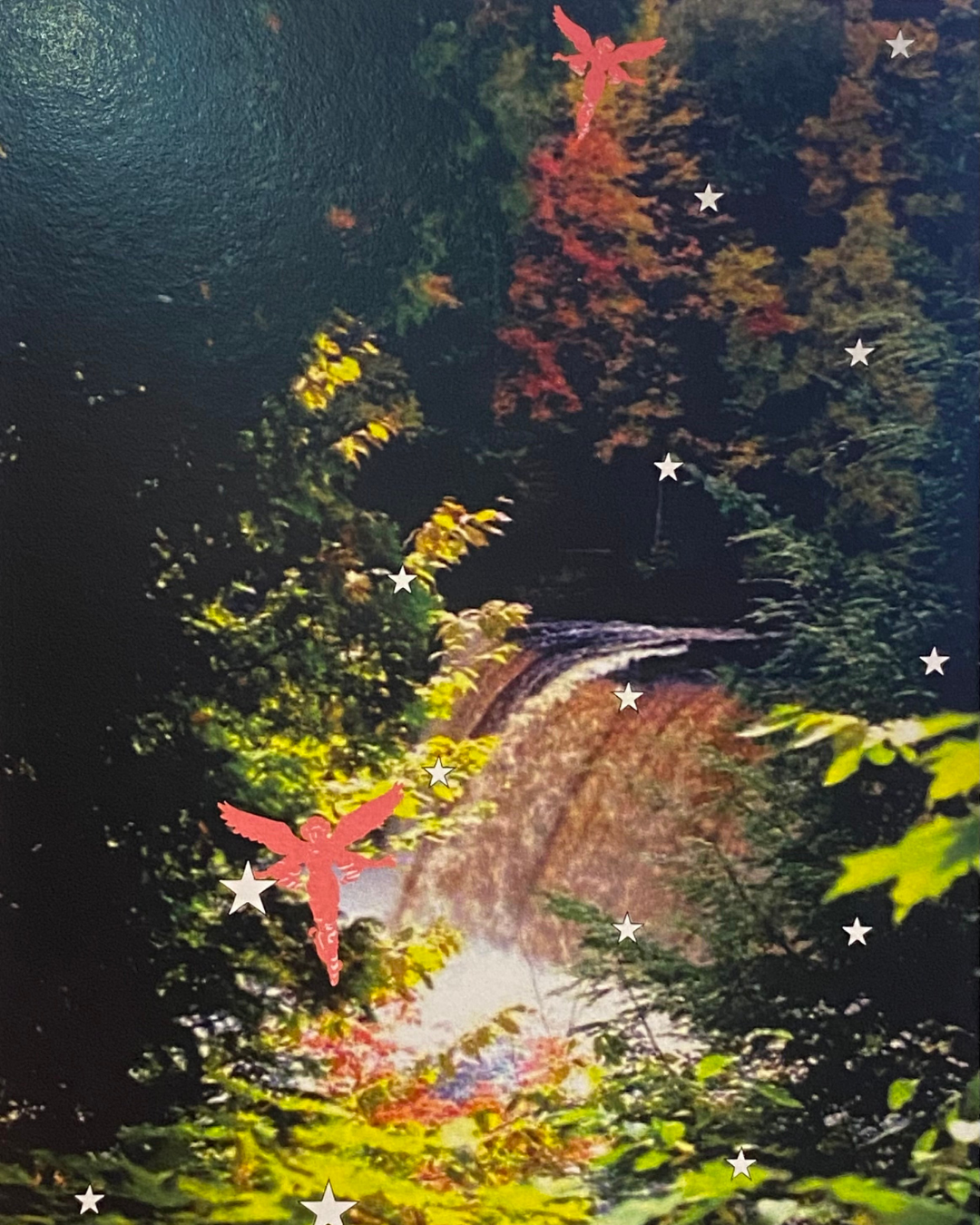 Card cover from Ask Yourself What To Do by Lana Knight. Pink angels flying around a natural forest with a small waterfall. white stars are sparkling around the creek. Some trees in the background have red leaves.
