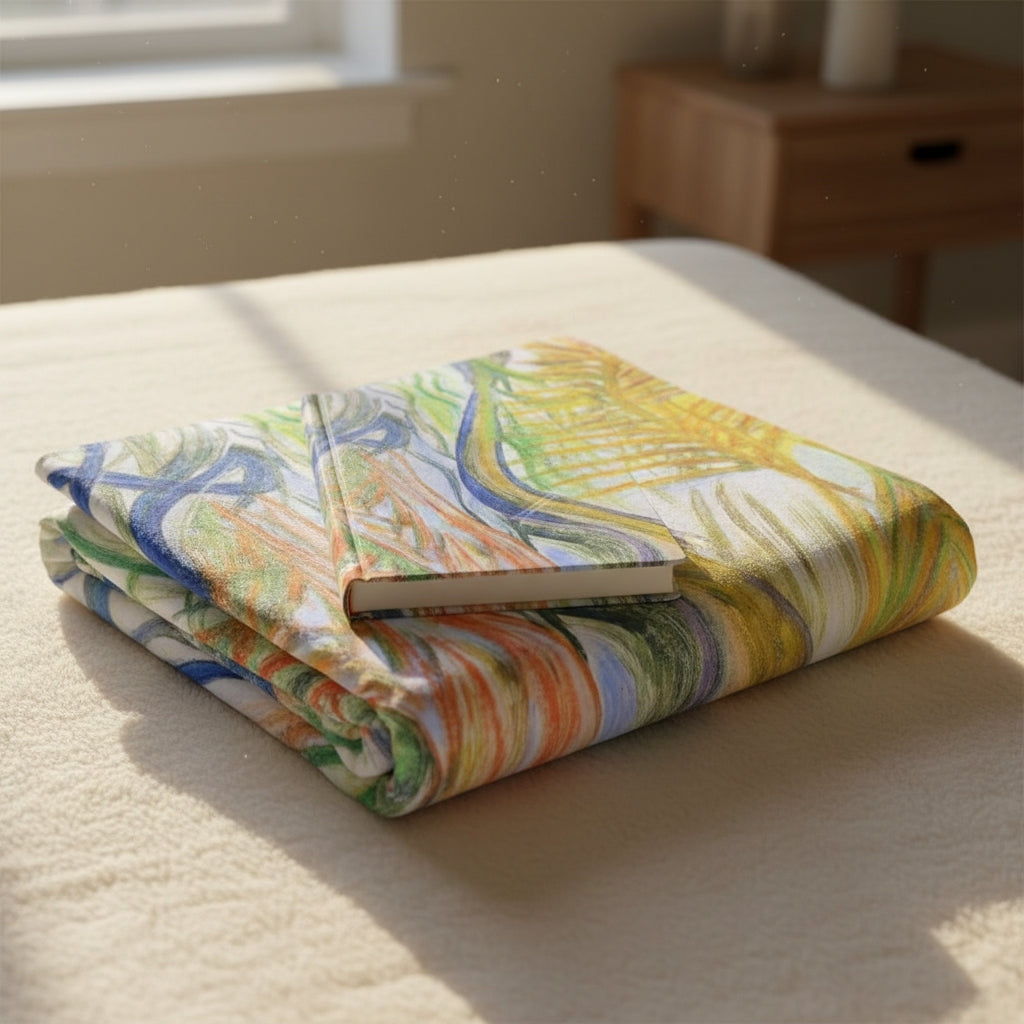 Folded colorful Divine Journeys of Healing sherpa blanket and a Divine Journeys of Healing journal on a bed with natural light