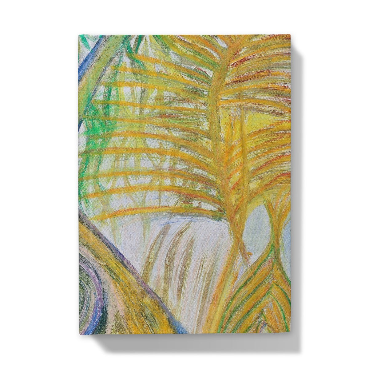 Hardcover journal front cover with the full coverage of Divine Journeys of Healing painting showing tropical fern leaves in yellow tones, there's a golden path with blue outlines towards the spine of the book that is leading upwards. Green vines are seen on the top left.