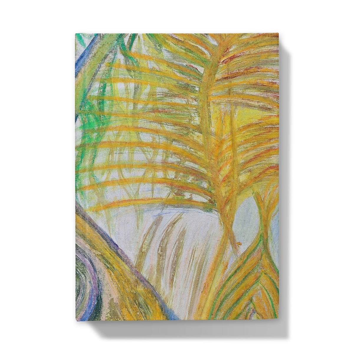 Hardcover journal front cover with the full coverage of Divine Journeys of Healing painting showing tropical fern leaves in yellow tones, there's a golden path with blue outlines towards the spine of the book that is leading upwards. Green vines are seen on the top left.